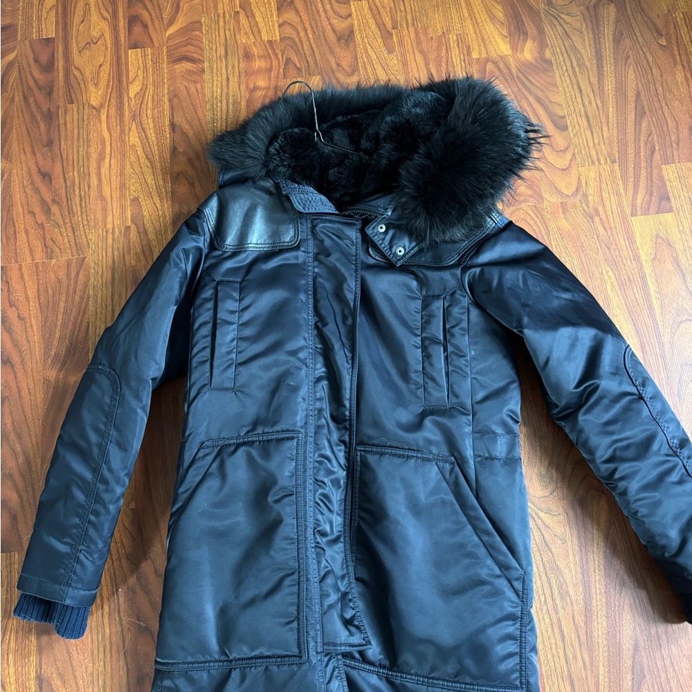 Theory Black Quilted Puffer Coat with Fur Trim